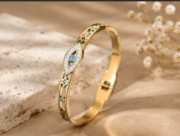 Gold Plated Stainless Steel Evil Eye Themed Anti Tarnish Bangle Style Bracelet