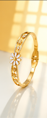 Gold Plated Stainless Steel Floral Themed Anti Tarnish Bangle Style Bracelet