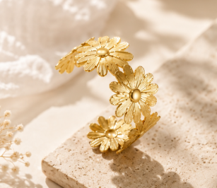 Gold Stainless Steel Floral Themed Cuff Bracelet