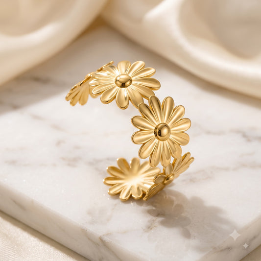 Gold Stainless Steel Floral Themed Cuff Bracelet