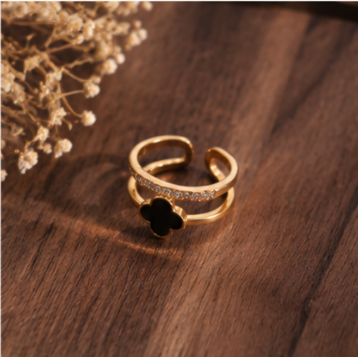 Gold Plated Anti Tarnish Stainless Steel Clover Themed Adjustable Finger Ring