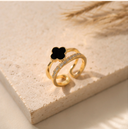 Gold Plated Anti Tarnish Stainless Steel Clover Themed Adjustable Finger Ring
