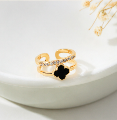 Gold Plated Anti Tarnish Stainless Steel Clover Themed Adjustable Finger Ring