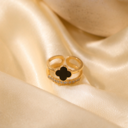 Gold Plated Anti Tarnish Stainless Steel Clover Themed Adjustable Finger Ring