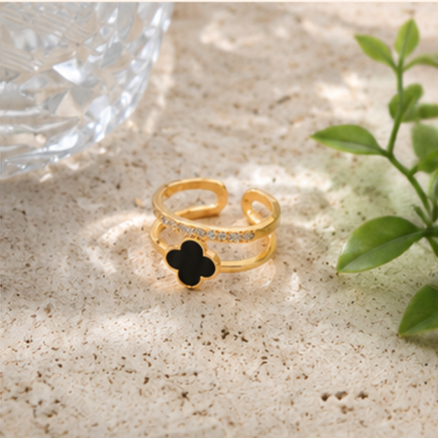 Gold Plated Anti Tarnish Stainless Steel Clover Themed Adjustable Finger Ring