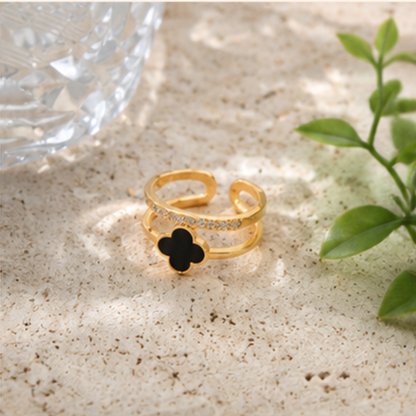 Gold Plated Anti Tarnish Stainless Steel Clover Themed Adjustable Finger Ring