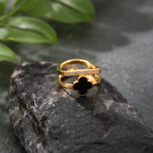 Gold Plated Anti Tarnish Stainless Steel Clover Themed Adjustable Finger Ring