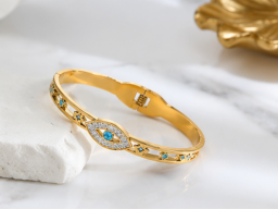Gold Plated Stainless Steel Evil Eye Themed Anti Tarnish Bangle Style Bracelet