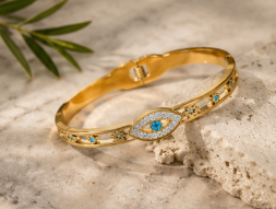 Gold Plated Stainless Steel Evil Eye Themed Anti Tarnish Bangle Style Bracelet