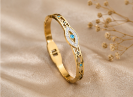 Gold Plated Stainless Steel Evil Eye Themed Anti Tarnish Bangle Style Bracelet