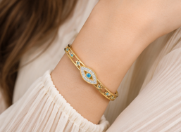 Gold Plated Stainless Steel Evil Eye Themed Anti Tarnish Bangle Style Bracelet