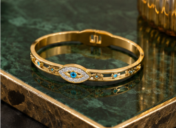 Gold Plated Stainless Steel Evil Eye Themed Anti Tarnish Bangle Style Bracelet