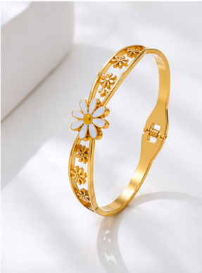 Gold Plated Stainless Steel Floral Themed Anti Tarnish Bangle Style Bracelet