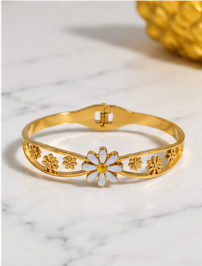 Gold Plated Stainless Steel Floral Themed Anti Tarnish Bangle Style Bracelet