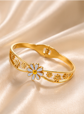 Gold Plated Stainless Steel Floral Themed Anti Tarnish Bangle Style Bracelet