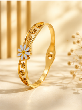 Gold Plated Stainless Steel Floral Themed Anti Tarnish Bangle Style Bracelet
