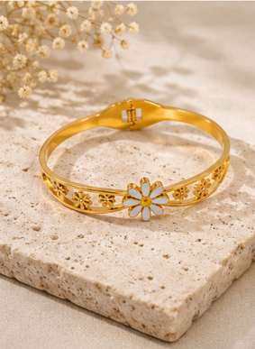 Gold Plated Stainless Steel Floral Themed Anti Tarnish Bangle Style Bracelet