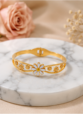 Gold Plated Stainless Steel Floral Themed Anti Tarnish Bangle Style Bracelet