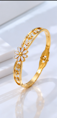 Gold Plated Stainless Steel Floral Themed Anti Tarnish Bangle Style Bracelet
