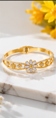 Gold Plated Stainless Steel Floral Themed Anti Tarnish Bangle Style Bracelet