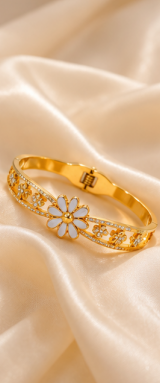 Gold Plated Stainless Steel Floral Themed Anti Tarnish Bangle Style Bracelet