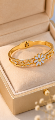 Gold Plated Stainless Steel Floral Themed Anti Tarnish Bangle Style Bracelet