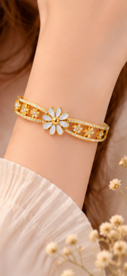 Gold Plated Stainless Steel Floral Themed Anti Tarnish Bangle Style Bracelet