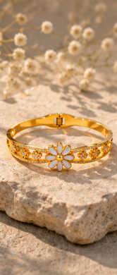 Gold Plated Stainless Steel Floral Themed Anti Tarnish Bangle Style Bracelet
