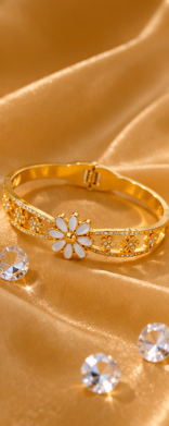Gold Plated Stainless Steel Floral Themed Anti Tarnish Bangle Style Bracelet