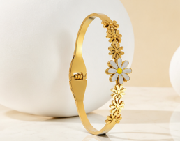 Gold Plated Stainless Steel Floral Themed Anti Tarnish Bangle Style Bracelet
