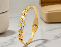 Gold Plated Stainless Steel Floral Themed Anti Tarnish Bangle Style Bracelet