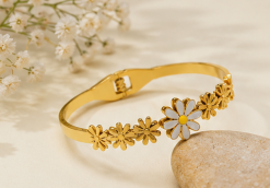 Gold Plated Stainless Steel Floral Themed Anti Tarnish Bangle Style Bracelet