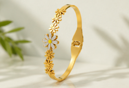 Gold Plated Stainless Steel Floral Themed Anti Tarnish Bangle Style Bracelet