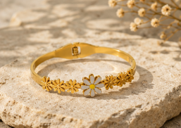Gold Plated Stainless Steel Floral Themed Anti Tarnish Bangle Style Bracelet