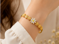 Gold Plated Stainless Steel Floral Themed Anti Tarnish Bangle Style Bracelet