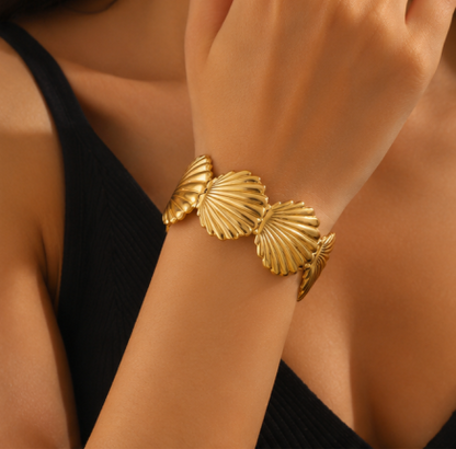 Gold Stainless Steel Shell Themed Cuff Bracelet