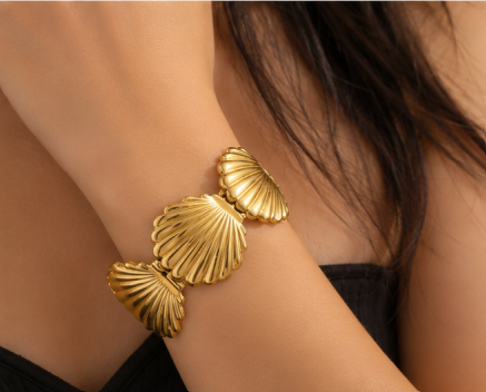 Gold Stainless Steel Shell Themed Cuff Bracelet