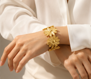 Gold Stainless Steel Floral Themed Cuff Bracelet