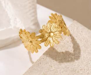 Gold Stainless Steel Floral Themed Cuff Bracelet