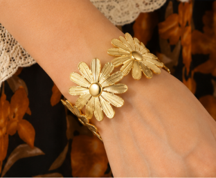 Gold Stainless Steel Floral Themed Cuff Bracelet