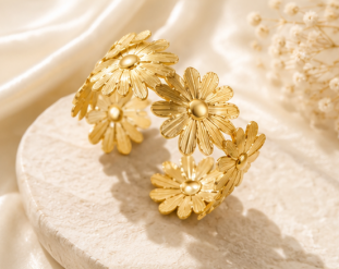Gold Stainless Steel Floral Themed Cuff Bracelet